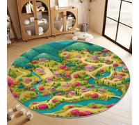 Alfombra Redonda Verde, Alfombras Ultrasuave Lavable de Pelo Corto Dibujo Animado Montaña Arquitectura Bosque - Alfombra Redonda Antideslizante para Sala de Estar Dormitorio 80 cm