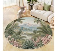 Alfombra Redonda Verde Salvia 80 Cm, Flores Y Palmeras Antideslizante De Felpa Esponjosa, Lavable para Sala De Estar, Dormitorio, Pasillo, Cocina, Oficina, Plantas La Selva Tropical Suave Y Cómodo