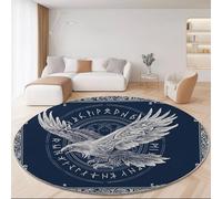 Alfombra Redonda Vikingo Estilo 120cm, Azul Marino Antideslizante Lavable Alfombras - Suave Pelusa Corta Nórdico Mitología Símbolos Águila Alfombra Impresa para Dormitorio Cocina Halls Balcón