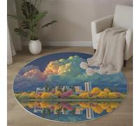 Alfombra Redonda Vistoso, Plegable Ciudad Orilla del Lago Nubes Estampado Alfombra, Antideslizante Lavables a máquina Realismo Fantasía Alfombras para Sala de Estar Dormitorio Cocina Pasillo 100cm