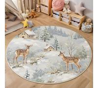 Alfombra Redonda White para Salon 120cm, Alfombra con Estampado Casas Ciervos Lavable, Antideslizante Bosque De Invierno Un Cuento De Hadas Alfombras, para Dormitorio Cocina Comedor Balcón Interior