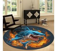 Alfombra Redondo Lavable a Máquina 160 cm, Pelo Corto Antidesprendimiento Antideslizante Estilo Cartoon - Alfombra Azul Tiburón Llama Diente Gigante para Salón Dormitorio Cocina Pasillo Oficina