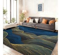 Alfombra Resistente a Las Montañas Líneas Doradas Lujo Sobrio para el hogar, Oficina, Dormitorio, salón, Cocina Azul Marino Lavable, 180 x 250 cm