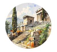 Alfombra Retro de área Redonda Lavable de Pelo bajo Olivos y cipreses Alfombras Atenas Ruinas de la Ciudad Antigua Alfombra Antideslizante para Dormitorio Salón Oficina en casa 200x200cm