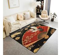 Alfombra roja con grulla coronada de 150 x 200 cm para dormitorio, sala de estar, alfombra oriental asiática moderna, alfombra de suelo moderna con flores de cerezo, alfombras grandes, estilo japonés