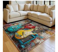 Alfombra Sala 180 x 270 cm Guitarra eléctrica con Grafiti Antideslizante Lavable, Pelo Corto, Modernas Amarillo Alfombra Dormitorio, Comedor y Cocina