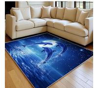 Alfombra salón 60 x 90 cm Cielo Estrellado Delfín Luna Pelo Corto Lavable Antideslizante Azul Alfombra Dormitorio Matrimonio, Comedor y habitación