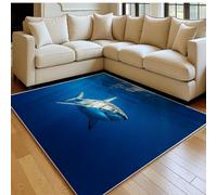 Alfombra salón 60 x 90 cm Gran tiburón White Pelo Corto Lavable Antideslizante Azul Alfombra Dormitorio Matrimonio, Comedor y habitación