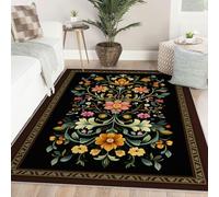 Alfombra salón 60x120 Alfombras Lavable máquina Alfombra Floral Antideslizante Bohemia Pelo bajo Alfombra Grande salón Dormitorio Granja Comedor Sala Juegos Negra