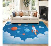 Alfombra Salon Azul Antideslizante Alfombras Lavables 60 x 90 cm, Dibujos Animados Universo Espacio Planetas Cohete Alfombra Pelo Corto en Lavadora Tapetes para Sala Habitacion Dormitorio Comedor