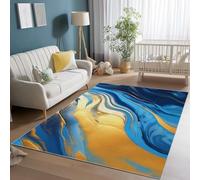Alfombra Salon Azul Dorado, Abstracto Líquido Mármol Estampado Alfombra, Lavable Suave Antideslizante Pelo Corto 120 x 180 cm Alfombras para Salón Dormitorio Comedor