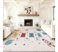 Alfombra Salon Blanca Grisáceo Antideslizante Alfombras Lavables 60 x 90 cm, Juego De Cuadrícula Minimalista Cohetes Y Planetas Alfombra Pelo Corto Tapetes para Sala Habitacion Dormitorio Comedor