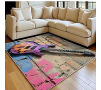 Alfombra salón Color Liso 140 x 200 cm Guitarra eléctrica con Grafiti Pelo Corto mullida y Suave Modernas Púrpura Alfombra Dormitorio y habitación Infantil