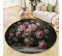 Alfombra Salon de Pelo Corto 100cm Alfombras Redonda Pastoral Retro Alfombra de Área Pintura Al Óleo Jarrón Rosas Antideslizante Muy Suave para Sofá, Dormitorio, Habitación Infantil, Verde Oscuro
