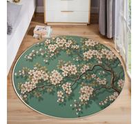 Alfombra Salon de Pelo Corto 200cm Alfombras Redonda Pintura Con Pinceladas Chino Alfombra de Área Flores Cerezo Colgando Ramas Antideslizante para Sofá, Dormitorio, Habitación Infantil, Verde Salvia