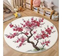 Alfombra Salon de Pelo Corto 80 cm Alfombras Redonda Abstracto Floral Alfombra de Área Acuarela Árbol Flor Ciruelo Antideslizante Muy Suave para Sofá, Dormitorio, Habitación Infantil, Blanco