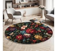 Alfombra Salon de Pelo Corto 90cm Alfombras Redonda Estampado Floral Retro Alfombra de Área Jardín Melancolía Bosque Antideslizante Muy Suave para Sofá, Dormitorio, Habitación Infantil, Verde Oscuro