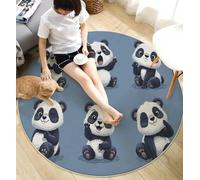 Alfombra Salon de Pelo Corto 90cm Alfombras Redonda Sencillo Divertido Animal Alfombra de Área Dibujos Animados Panda Antideslizante Muy Suave para Sofá, Dormitorio, Habitación Infantil, Azul