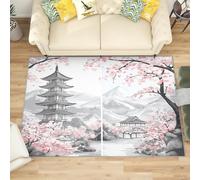 Alfombra Salon de Pelo Corto Arquitectura Tradicional Japonesa, Alfombras Suave Flores de Cerezo Rosas Antideslizante y Lavable para Salón, Dormitorio y habitación Infantil Adorno Tapete 80x150 cm