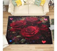 Alfombra Salon de Pelo Corto Rosas Rojas RomáNticas, Alfombras Suave Pintura Al óLeo Roja Antideslizante y Lavable a Máquina para Salón, Dormitorio y habitación Infantil Adorno Tapete 120x180 cm