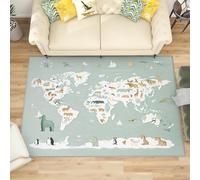 Alfombra Salon Grande 140x200 cm Mapa Del Mundo de Dibujos Animados Con Animales Antideslizante Alfombras Lavables en Lavadora Alfombra de Habitacion Verde Salvia Modernas Decoración Tapete Pelo Corto