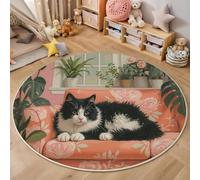 Alfombra Salon Grande Redonda 150 Cm, Gato Negro Alfombra Habitacion Lavable Lavadora Alfombras Dormitorio Estilo Ilustración Anime Antideslizante Alfombras Comedor para Salón, Dormitorio, Rosa