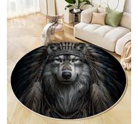 Alfombra Salon Grande Redonda 200 Cm, Lobo Al Estilo Indio Alfombra Habitacion Lavable Lavadora Alfombras Dormitorio Animales Salvajes Antideslizante Alfombras Comedor para Salón, Dormitorio, Negro