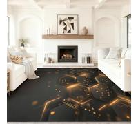 Alfombra Salon Hexagonal Geométrico De Lujo Futurista Único, Comedor Lavable Antideslizante Alfombra, Negro Y Dorado Alfombra Pelo Corto 60 x 90 cm para Dormitorio Cocina Hall Entrada Pasillo