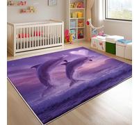 Alfombra Salon Moderna de Pelo Corto y Suave, PúRpura Antideslizante Alfombras de Habitacion Lavable Antiincrustante, Tema RomáNtico de Pareja de Delfines Tapete para Comedor Cocina 80x150 cm