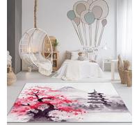 Alfombra Salon Modernas Lavable, Pintura En Tinta Monte Fuji Flores De Cerezo Tema Plegable Pelo Corto Antideslizante Suave Franela Estampado Rosa Gris Alfombra, para Dormitorio Cocina, 120 x 180 cm