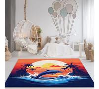 Alfombra Salon Modernas Lavable, Retro Delfín Puesta De Sol Tema Plegable Pelo Corto Antideslizante Suave Franela Estampado Naranja Azul Alfombra, para Dormitorio Cocina, 80 x 150 cm