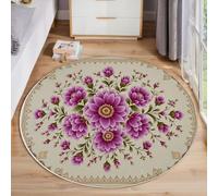 Alfombra Salon Redonda 160cm, Lavables en Lavadora Antideslizante Estilo Mogol Crema Alfombra, Pelo Corto Suave Flores Moradas Hojas Verdes Alfombras para Sala de Estar Cocina Habitacion