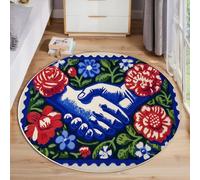 Alfombra Salon Redonda 60cm, Lavables en Lavadora Antideslizante Estilo Pop Art Azul Alfombra, Pelo Corto Suave Apretón De Manos Flores Alfombras para Sala de Estar Cocina Habitacion
