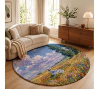 Alfombra Salon Redonda Pintura Óleo Pastoral Francesa 100cm - Tapetes de Pelo Corto Suave Chica Del Sombrero Paja En Campo Blanco Alfombras de área Antideslizantes y Lavables para Dormitorio y Comedor