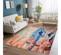 Alfombra Salon Rosa Azul, Estilo Japonés Monte Fuji Flores De Cerezo Estampado Alfombra, Lavable Suave Antideslizante Pelo Corto 80 x 150 cm Alfombras para Salón Dormitorio Comedor