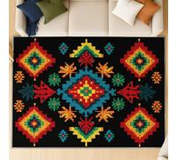 Alfombra Shagg de Pelo Corto para Salón - Suave, de Fácil Cuidado y de Pelo Bajo, con Diseño Estilo Étnico Geométrico Bordado,Patrón Multicolor en Azul Oscuro 80 x 150 cm