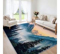 Alfombra suave para dormitorio, paisaje, 120 x 170 cm, acogedora y lavable, antideslizante, rústica, bosque, pino, niebla, amanecer, alfombra decorativa azul oscuro para sala de estar