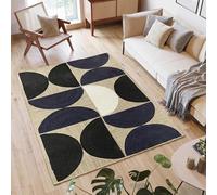 Alfombra trenzada de yute hecha a mano de 3 x 5 pies, alfombra de yute natural de 0.27 pulgadas de grosor, alfombra geométrica de media luna azul oscuro y blanco para sala de estar, comedor, alfombra