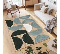 Alfombra trenzada de yute hecha a mano de 5 x 8 pies, alfombra de yute natural de 0.27 pulgadas de grosor, alfombra geométrica de media luna, color azul menta y blanco para sala de estar, comedor