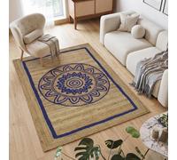 Alfombra trenzada de yute hecha a mano de 5 x 8 pies, alfombra de yute natural de 0.27 pulgadas de grosor con patrón abstracto de mandala floral azul para sala de estar, comedor, decoración del hogar