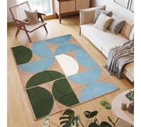 Alfombra trenzada de yute hecha a mano de 5 x 8 pies, alfombra de yute natural de 0.27 pulgadas de grosor, alfombra geométrica de media luna azul cielo y blanco para sala de estar, comedor, alfombra