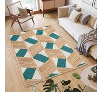 Alfombra trenzada de yute hecha a mano de 5 x 8 pies, alfombra de yute natural de grosor de 0.27 pulgadas, patrón geométrico de diamantes, color azul menta y blanco, alfombras para comedor, sala de