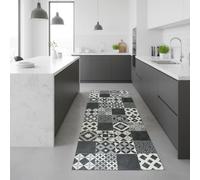 Alfombra Vinílica Antideslizante con Reverso PVC - Diseño Geométrico Blanco y Negro - Fácil de Limpiar- Cocina- Baño- (Amadora 80x200 cm)