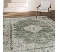 Alfombra vintage lavable antideslizante para sala de estar, alfombra suave de pelo bajo para sala de estar, comedor, diseño floral geométrico desgastado en varios colores, verde, 160 x 200 cm