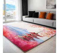 Alfombra y agradablemente Suave, 60 x 90 cm, Tapete Rosa de Pelo Corto para Comedor, Cocina y Oficina, Alfombras Elegante Monte Fuji Japón FloralAntideslizantes