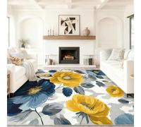 Alfombra140 x 200 cmAlfombra Interior Lavable - DiseñoModerno Floral Pintado A ManoPara Sala de Estar, Dormitorio, Cocina, Pelo Corto Suave,Amarillo Gris