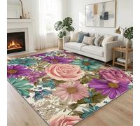 Alfombras antideslizantes de estilo rústico, 140 x 200 cm, plantas vintage, rosas, margaritas, hojas, lavable, acogedora, suave y agradable a la piel, fácil de limpiar, alfombras rosadas para comedor