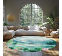 Alfombras área redondas Lotus Pond Bridge Mist Mountain Alfombra sala estar lavable Tapete piso impresión vintage suave y antideslizante/sin desprendimiento para comedor dormitorio Aqua 200cm