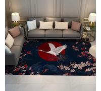 Alfombras azul marino para dormitorios 160 x 230 cm Grulla blanca sobrevuela entre flores ciruelo y alfombra pelo bajo con estampado rojo pelo bajo para el suelo estilo asiático para el estudio