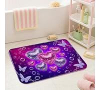 Alfombras de baño de corazones, mariposas coloridas y juguetonas, diseño de burbujas de San Valentín, violeta, para dormitorio universitario, tapete de baño peludo para tocador, decoración del suelo